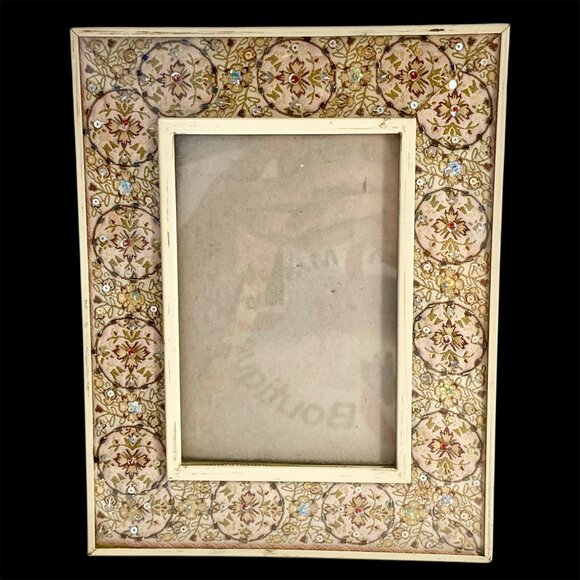 Vintage Fabric Sequin Bead Picture Photo Frame 4" X 6" Glass Shabby Cottage Core - Picture 2 of 11